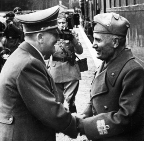Adolf Hitler and Benito Mussolini meet in Berlin, Germany, in April of 1943. The Nazi dream was that the fate of victorious Germany and Italy and their vanquished opponents would all be bound in one united Europe. (Photo by Gerhard Baatz, Wikimedia Commons)